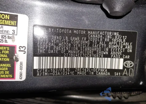 2012 Toyota Corolla Le from USA, damaged, VIN 2T1BU4EE1CC816878